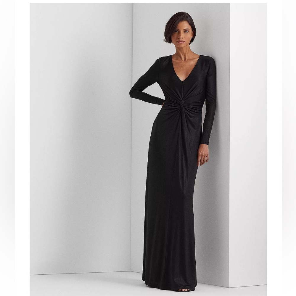 NEW RALPH LAUREN BLACK METALLIC FRONT TWIST GOWN Size 16